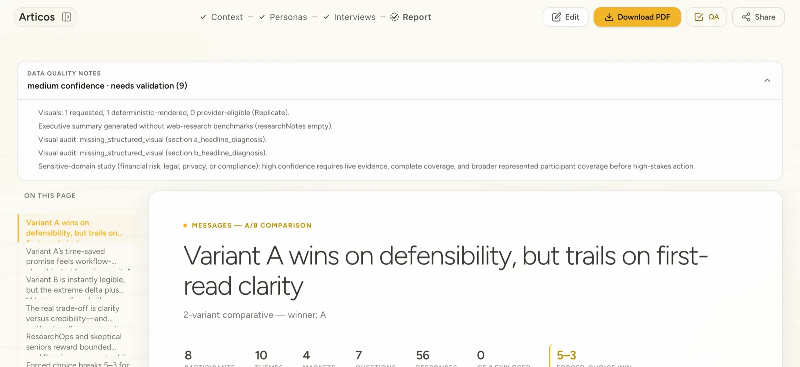 Articos AI research platform: the critique-and-repair report stage